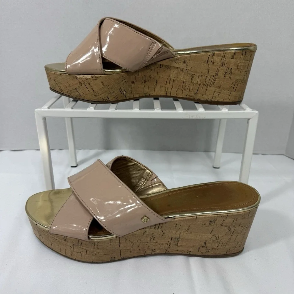 Sam & Libby Womens 10 Pink Beige Criss Cross‎ Cork Wedge Sandal Summer Wedding